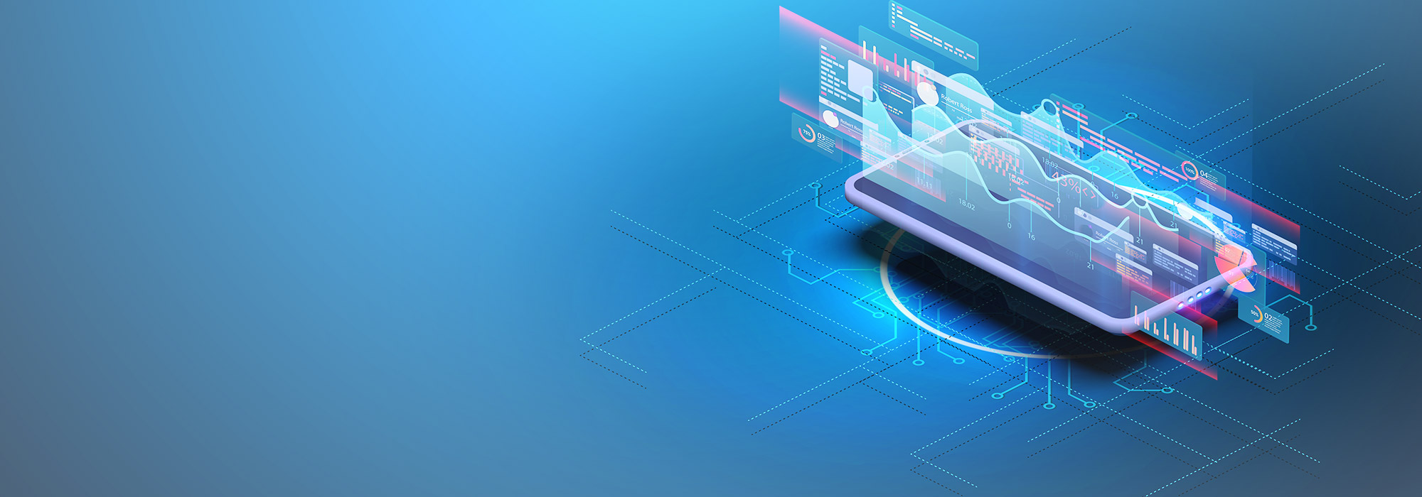3D illustration of a smartphone displaying analytics data and charts in a digital interface.