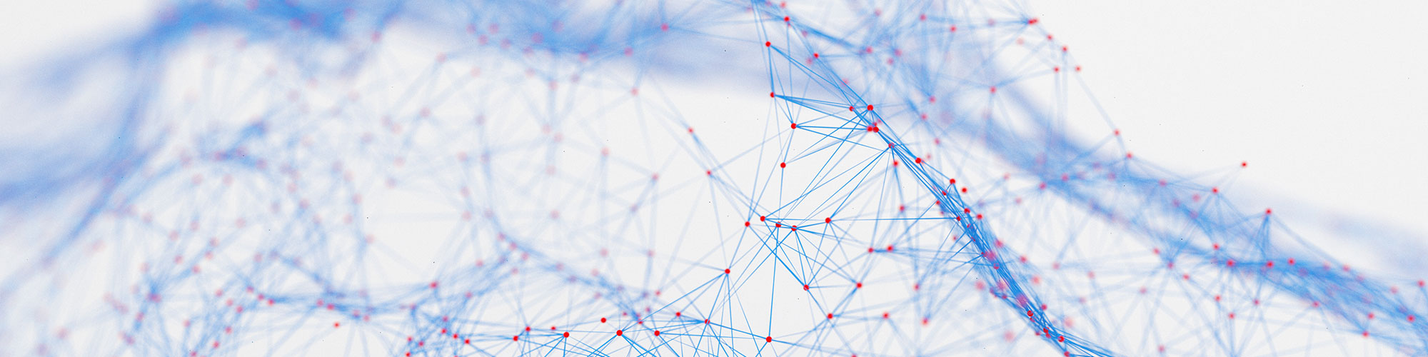 Abstract digital network with blue lines and red nodes on a light background.