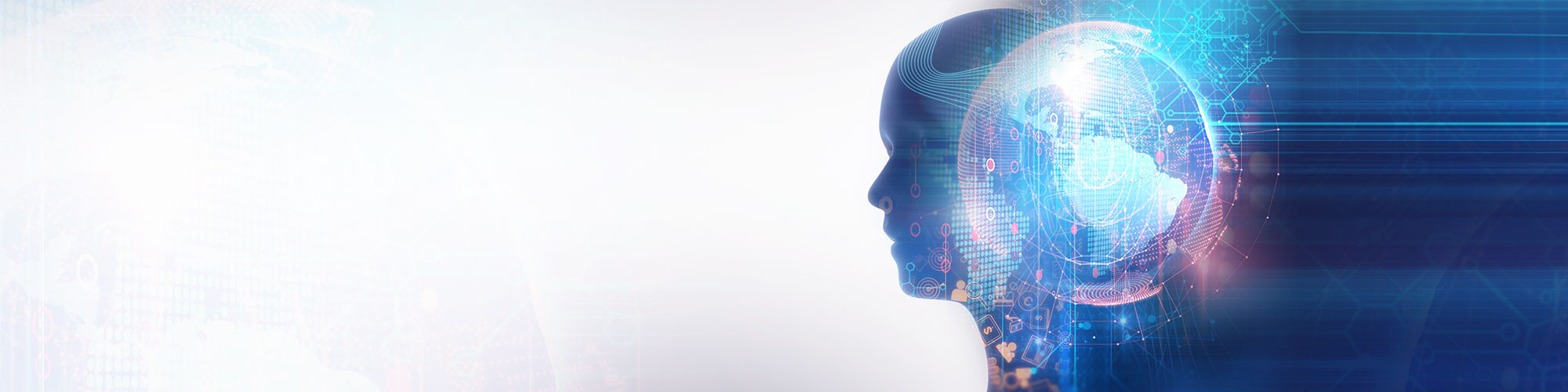 Digital concept image of human profile with a globe inside, illustrating artificial intelligence technology.
