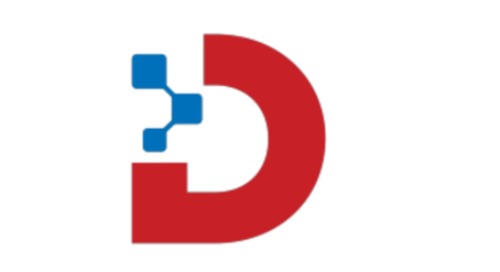 Red letter D with connected blue squares logo design.