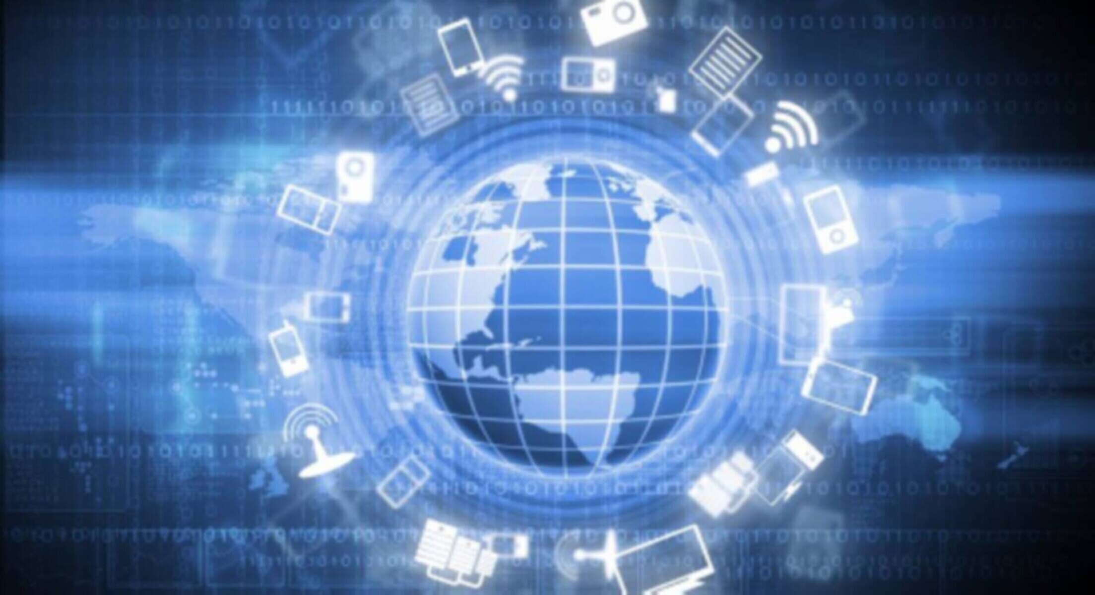 Digital globe surrounded by technology icons representing global communication.