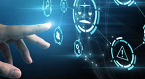 Hand interacting with virtual digital interface icons on a blue background.