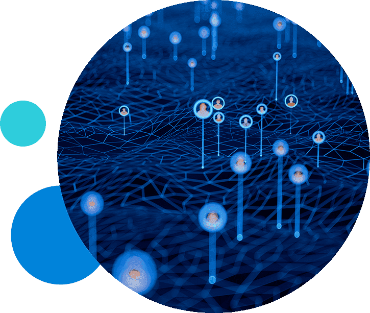 Digital network of connected nodes with profile icons on a blue grid.