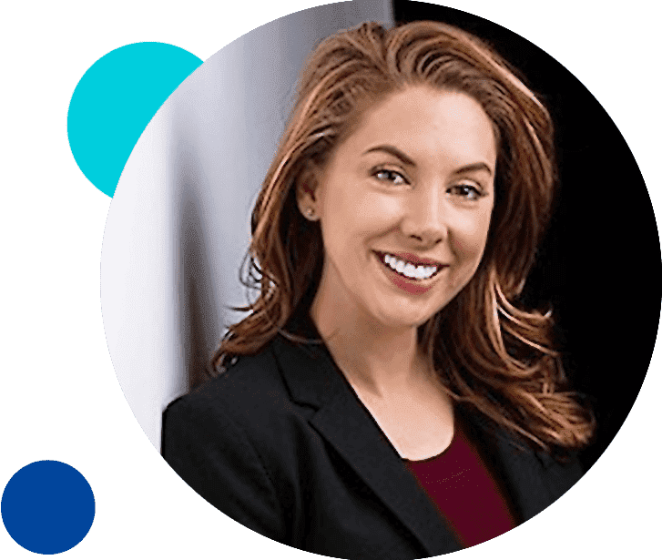 Professional woman smiling in business attire with abstract circular background.