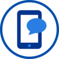 what-icon Mobile phone icon with blue speech bubble on white circle background.