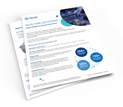Stack of Verisk brochures on real-time decision insights with blue data graphics.
