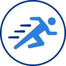 Flying human silhouette icon with motion lines in blue circle.