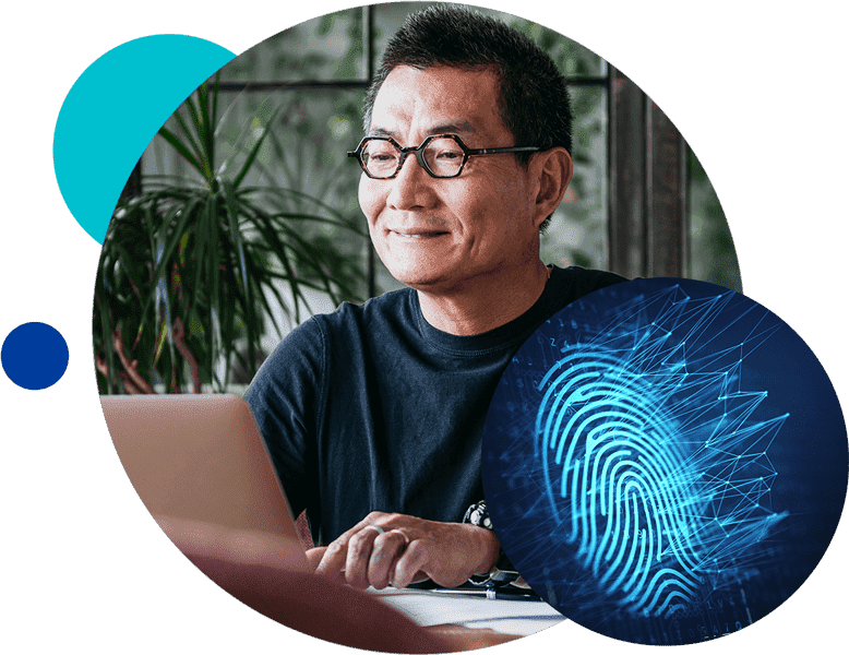 Man using laptop with digital fingerprint overlay