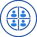 segment-icon Four blue human figures encircled in a symmetrical design on a white and blue background.