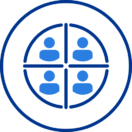 Four blue human figures encircled in a symmetrical design on a white and blue background.