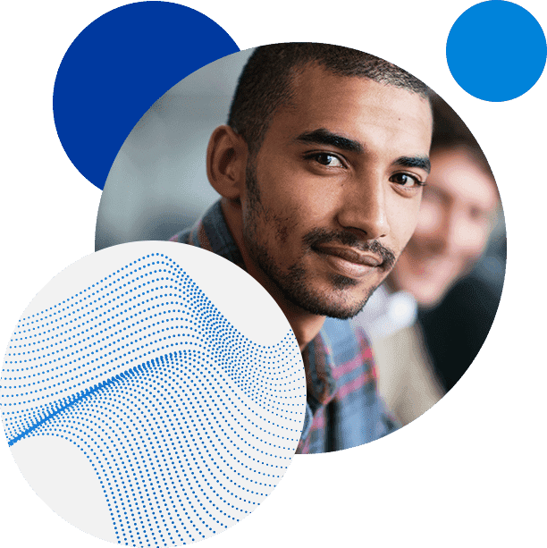 Smiling person in a creative digital abstract design with blue geometric elements.