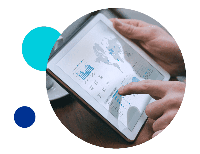 Tablet displaying data analytics and charts