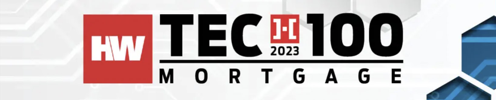 HW Tech100 2023 Mortgage Awards logo with digital hexagon background