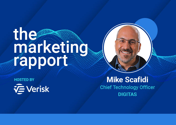Headshot of a podcast guest for "The Marketing Rapport" hosted by Verisk.