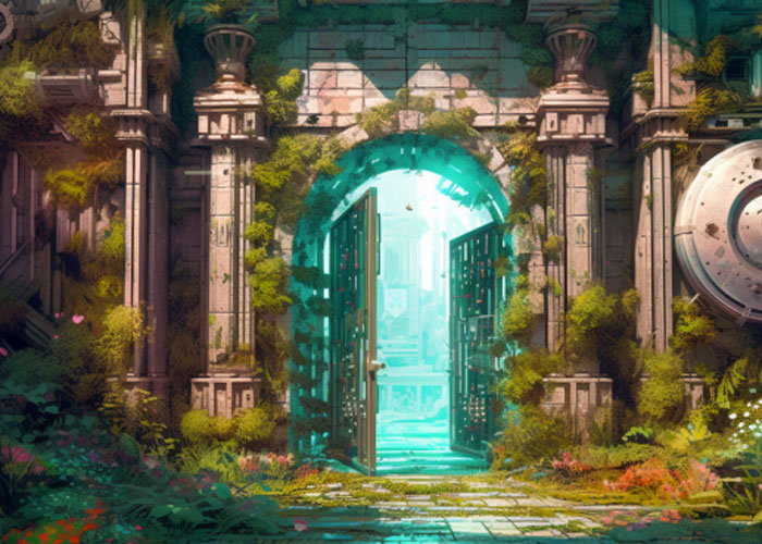 Ancient doorway overgrown with plants leading to a mysterious glowing interior