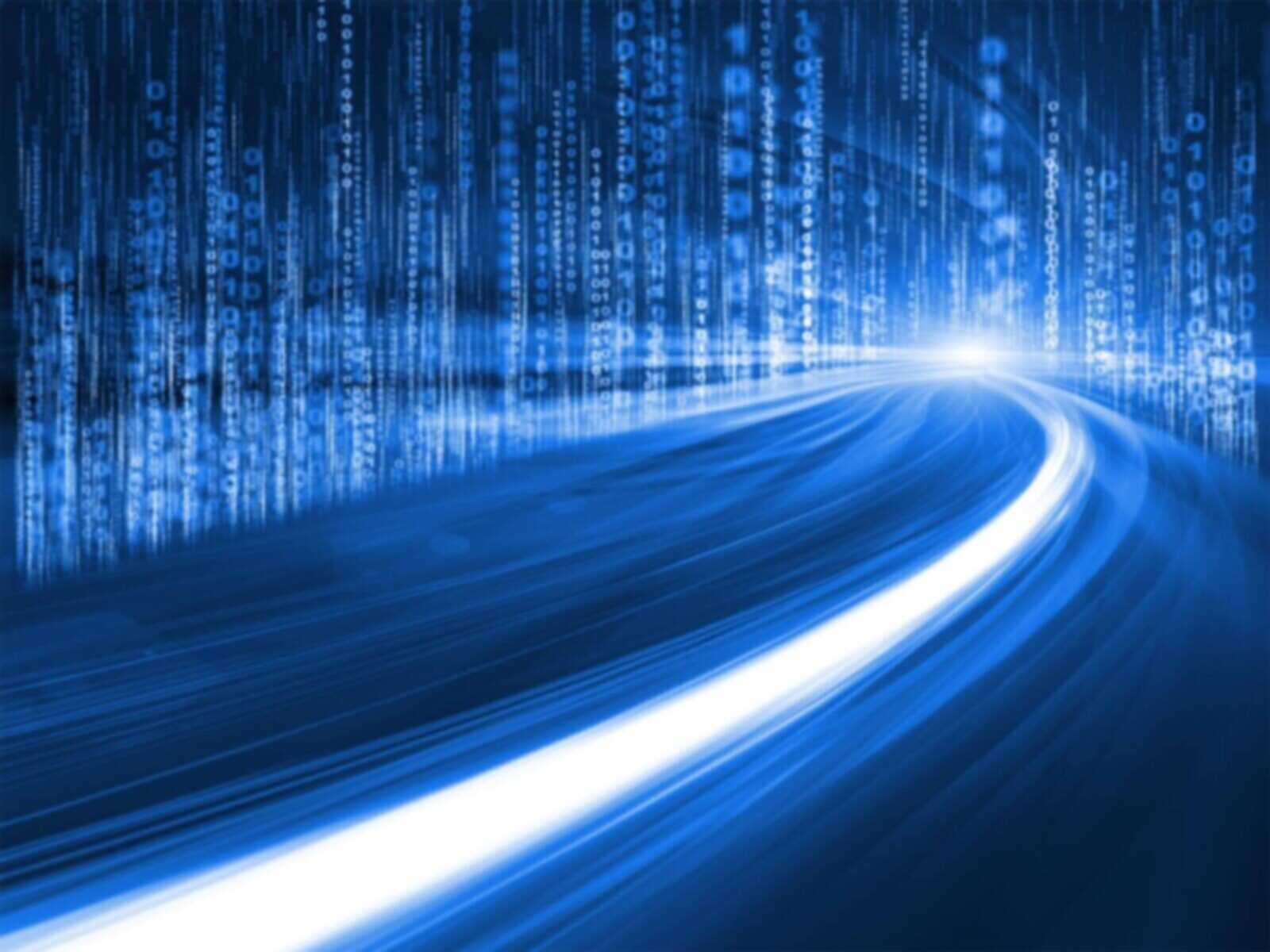 Digital data stream with light trails on a blue background.