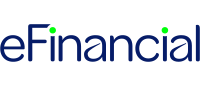 efinancial eFinancial logo with blue text and green dots on a white background.
