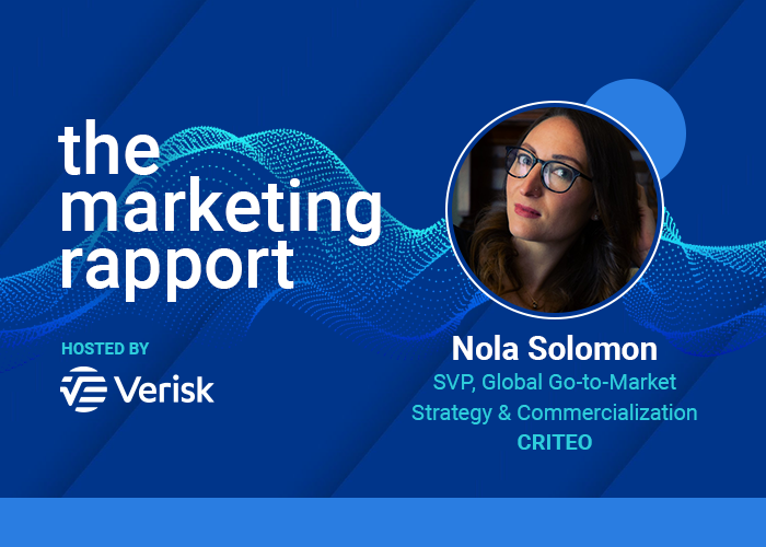Marketing podcast cover featuring Nola Solomon, hosted by Verisk, on a blue abstract background.