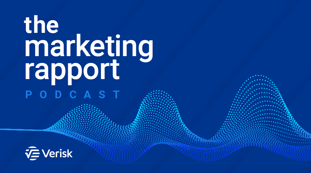 Marketing Rapport Podcast cover with blue wave design and Verisk logo