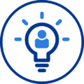 Icon of a person inside a light bulb symbolizing ideas and innovation.