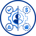 Icon representing personal optimization with symbols for success, finance, travel, and home.