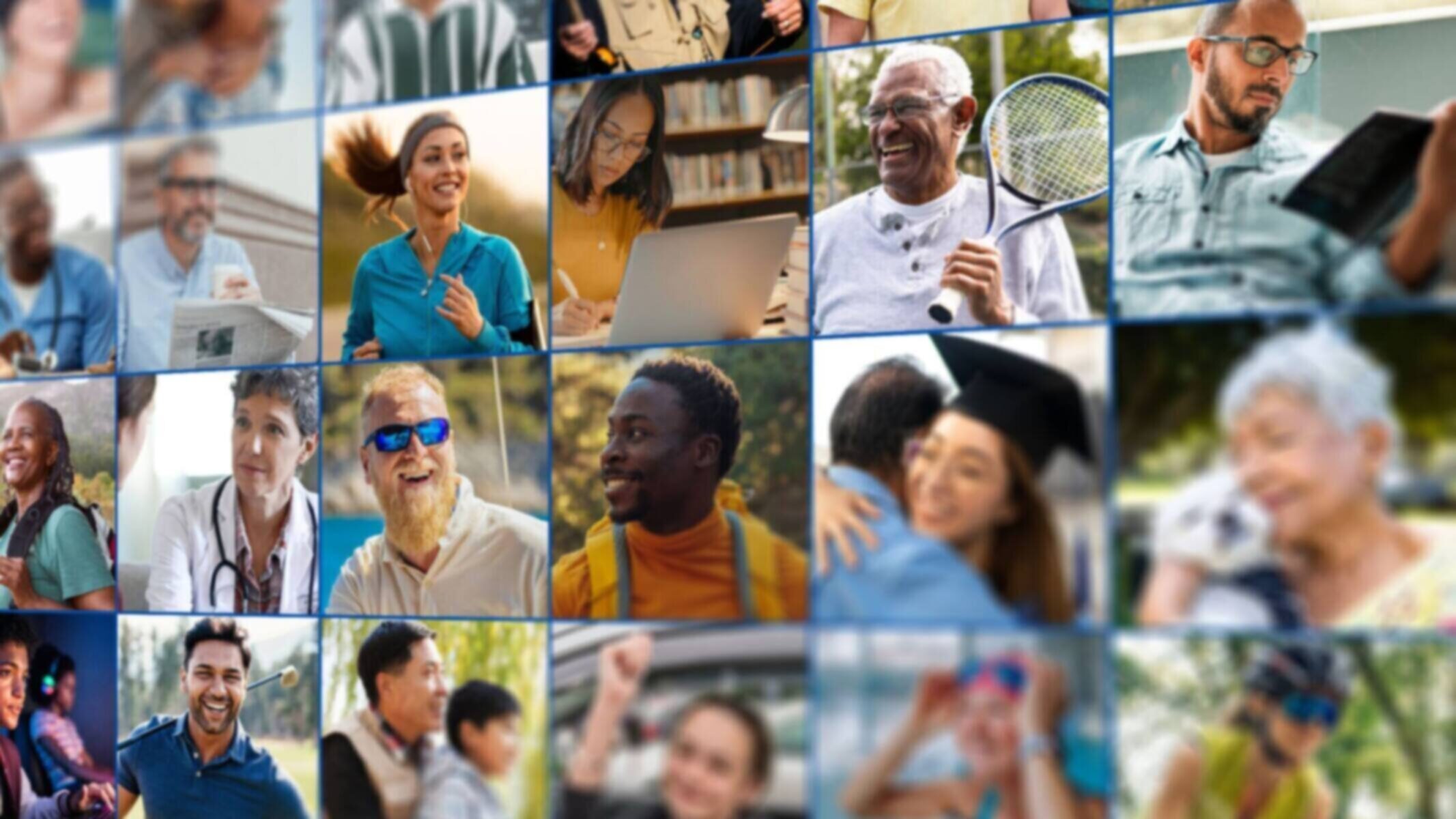 Grid of diverse people engaged in various activities.