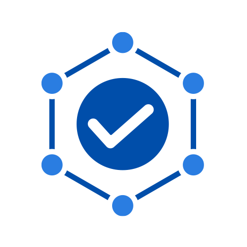 Blue check mark icon surrounded by network nodes representing connectivity.