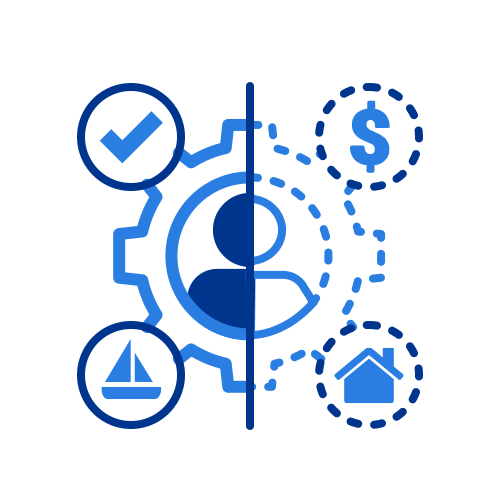 User persona concept with gear, dollar sign, checkmark, house, and sailboat icons.