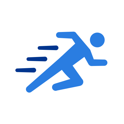 Blue running figure icon with motion lines on white background.