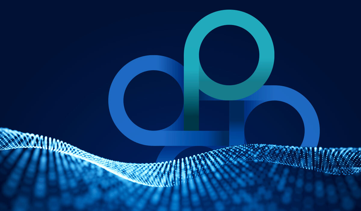 Abstract digital wave pattern and colorful geometric design on a dark blue background.