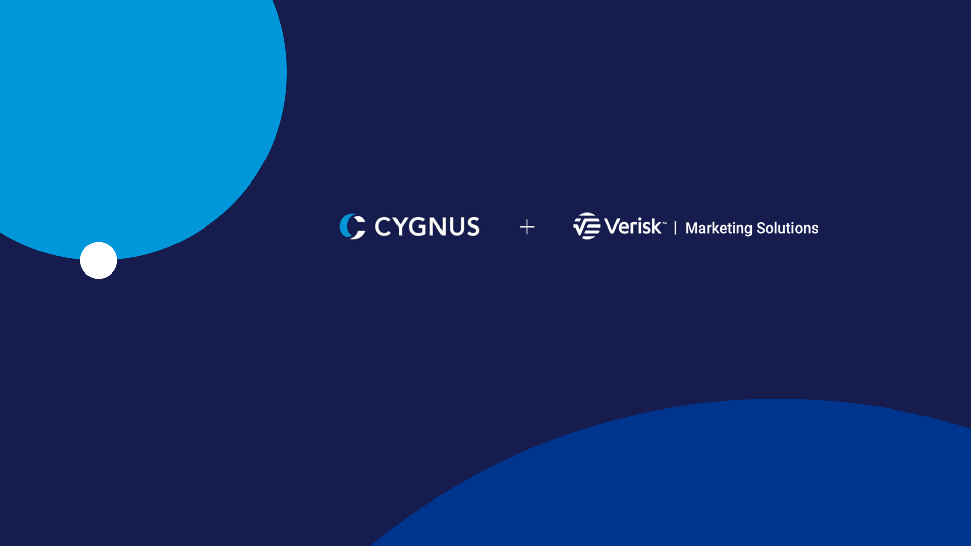 Cygnus and Verisk Marketing Solutions collaboration logo on a blue background.