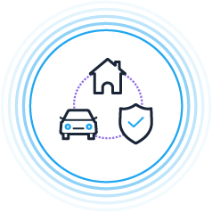 Icon showing home, auto, and protection coverage signals grouped together to represent insurance bundling opportunity.