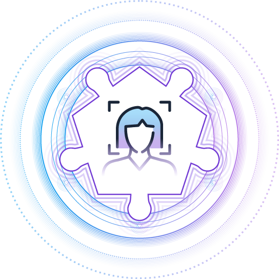 Abstract consumer profile surrounded by concentric blue and violet data rings, representing connected identity and audience intelligence.