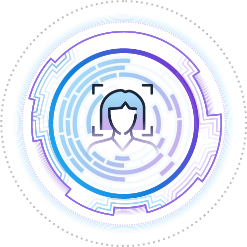 Abstract consumer profile surrounded by concentric blue and violet data rings, representing connected identity and audience intelligence.