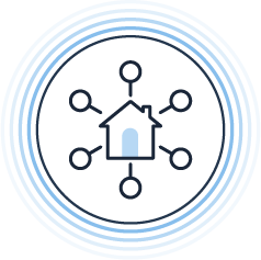 Icon showing a home connected to multiple data points to represent combined signals of future mortgage intent.